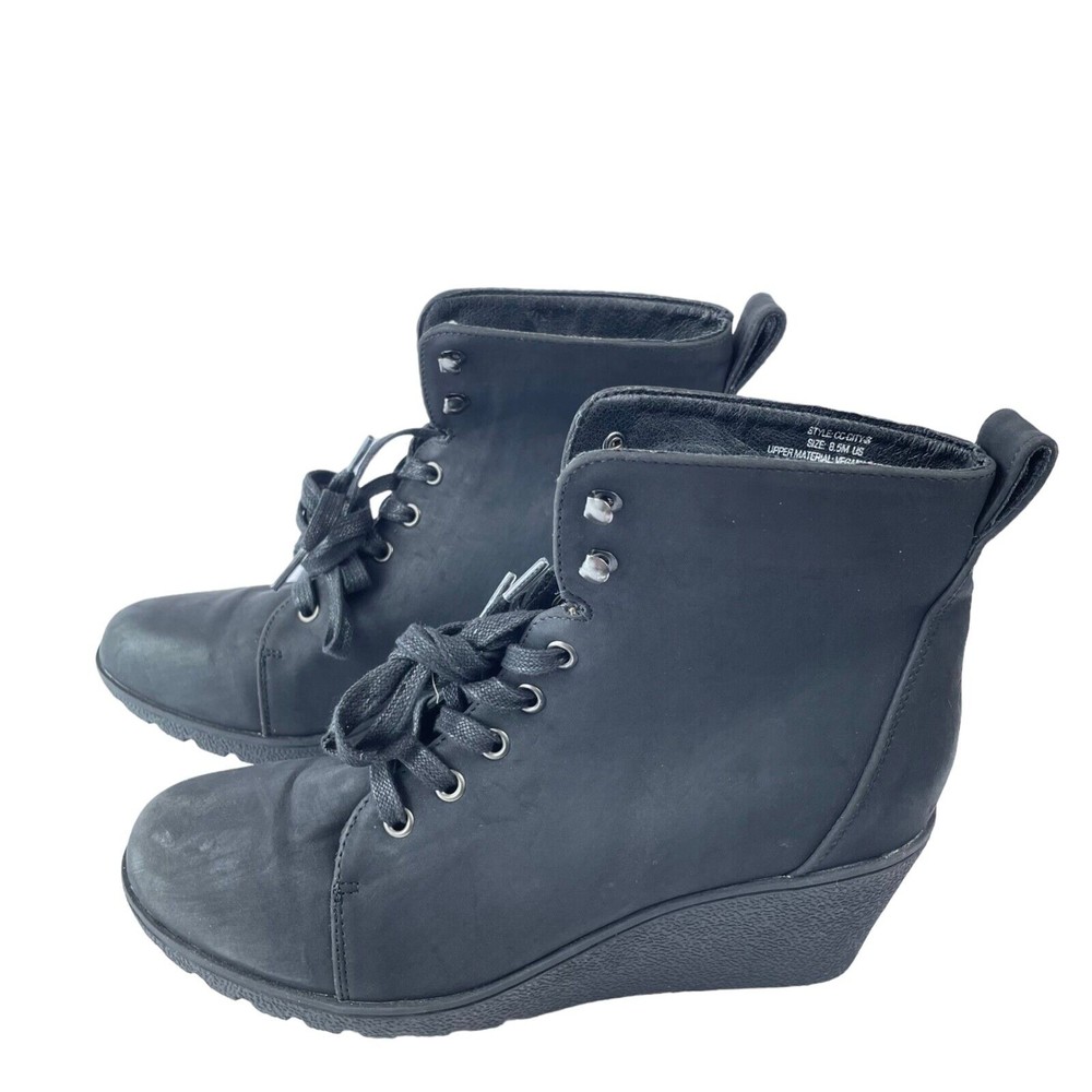 c & c California Womens City Bootie 8.5 Black Soft Faux Suede Wedge Heel Lace up
